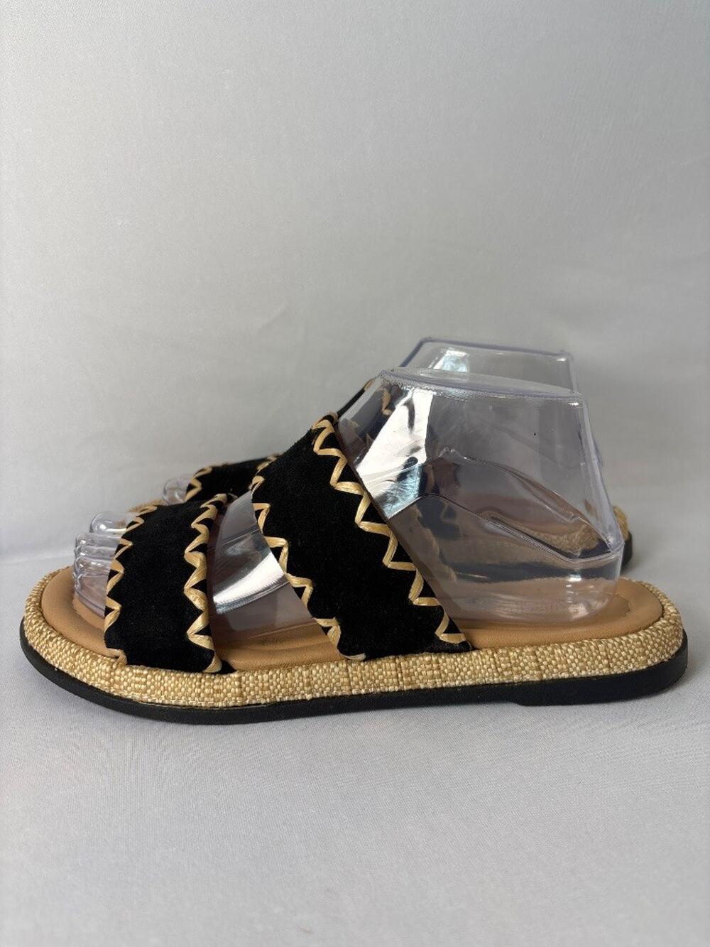 Cristina Francini Italy Black Suede Gold Zig-Zag Raffia Slide Sandals Size 8